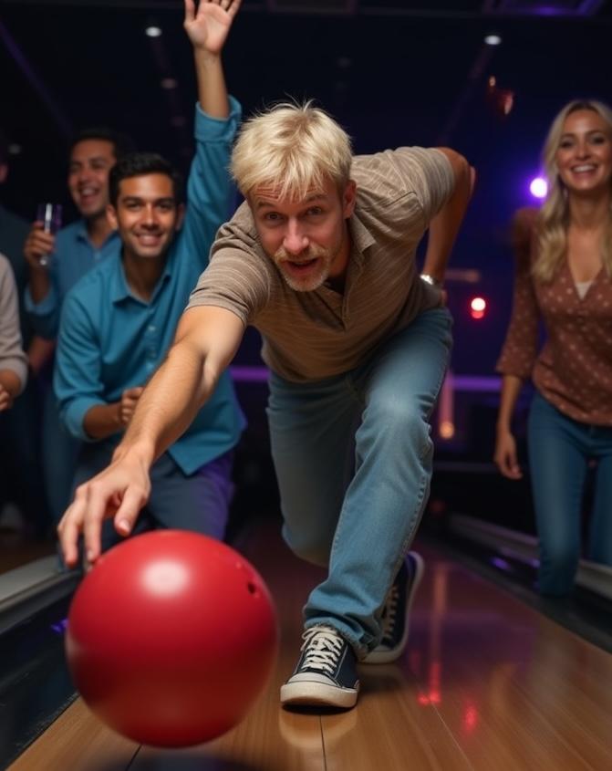 Man about to bowl with a group of friends in the background.