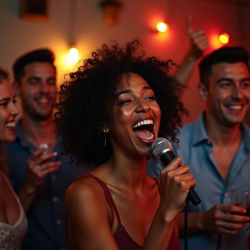 Woman facing a dartboard with her arms raised in celebration