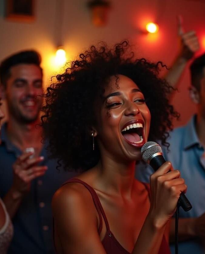 Woman facing a dartboard with her arms raised in celebration